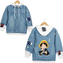 One Piece anime fake two pieces denim jacket hoodi...