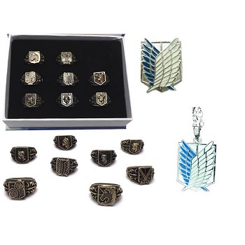 Attack on Titan anime rings+necklace+pin a set