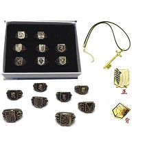 Attack on Titan anime rings+necklace+pin a set