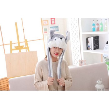 Cute Husky Plush Hat Ear Shape Can Move Cap Plush Gift Dance Toy Velvet