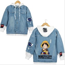 One Piece anime fake two pieces denim jacket hoodie cloth