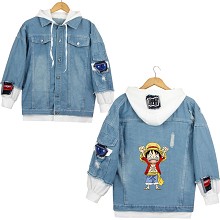 One Piece anime fake two pieces denim jacket hoodi...