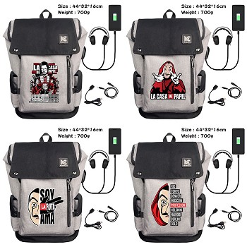 La casa de papel movie USB charging laptop backpack school bag