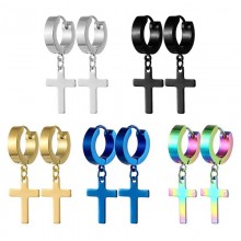 Punk Stainless Steel Cross Pendant Hoop Earrings a...