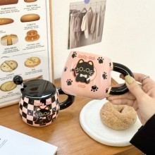 Pink Cat Mug Cartoon Ceramic Cup with Lid and Spoon
