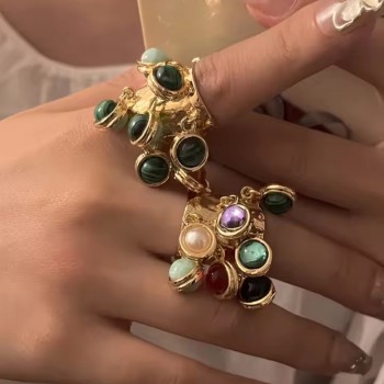 Vintage Natural Stone Malachite Glass Open Rings