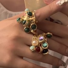 Vintage Natural Stone Malachite Glass Open Rings