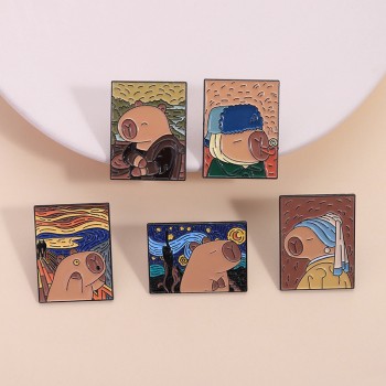 Cute Oil Painting Capybara Alloy Enamel Brooch Pins