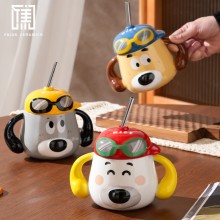 Creative Glasses Dual Ear Dog Ceramic Mug Cup