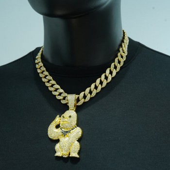 Monkey Alloy Iced out Diamond Pendant Cuban Chain Necklace