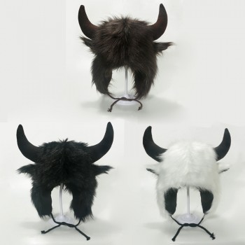 Bullhead Plush Hat with Horns Fluffy Earflap Hat
