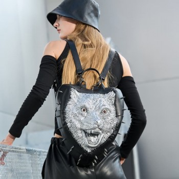 3D Wolf head Designer Punk Thick Leather Backpack bag