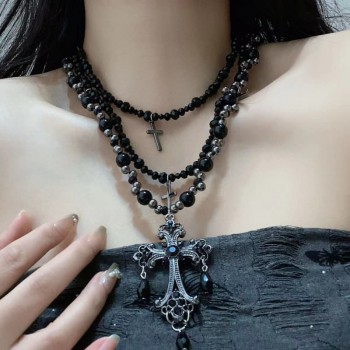 Gothic Cross Pendant Multi Layers Overlapping Black Bead Necklace