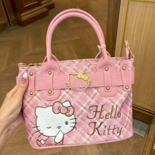 Hello Kitty Plaid Pattern Embroidery Tote Bag Hand...