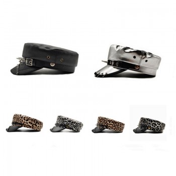 Leopard Rivet PU Leather Buckle Flat Top Beret Hat