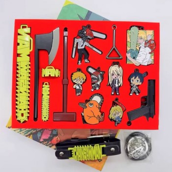 Chainsaw Man anime key chain necklace pins rings a set