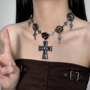 Dark Punk Style Heavy Cross Button Necklace